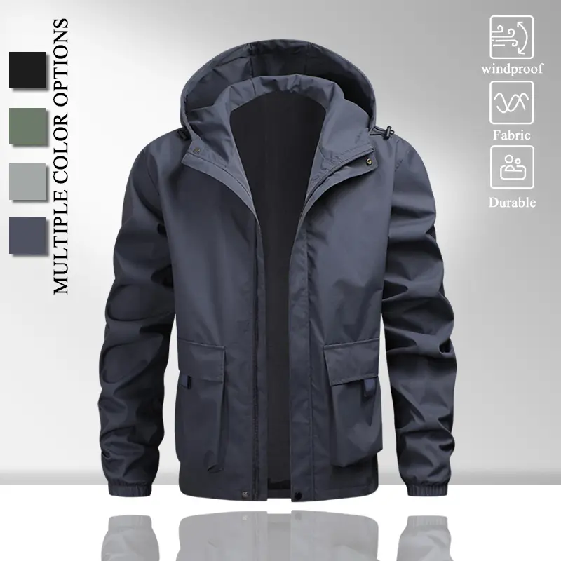 Men Detachable Drawstring Hood Windproof Jacket, Multi Flap Cargo Pocket Full Zip Windbreaker, Elastic Cuffs Light Smooth Shell Coat for Outdoor Hiking Camping Daily Commute, Multi Color Available
