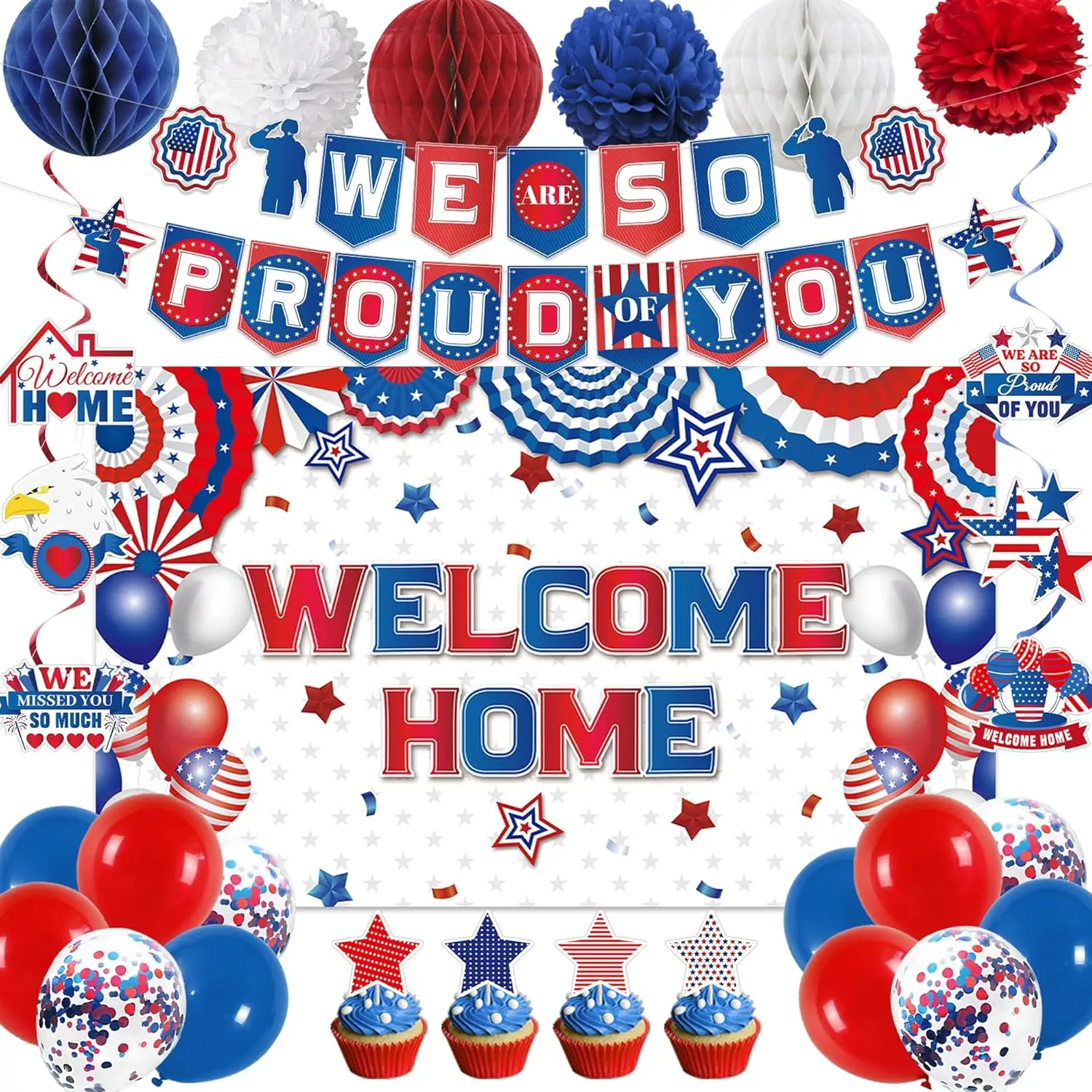 Welcome Home Decorations, Red White Blue Welcome Home Backdrop, We are So Proud Of You Banner, Red Blue Family Reunion Military Homecoming Returning Welcome Home Party Decor Ballons Supply