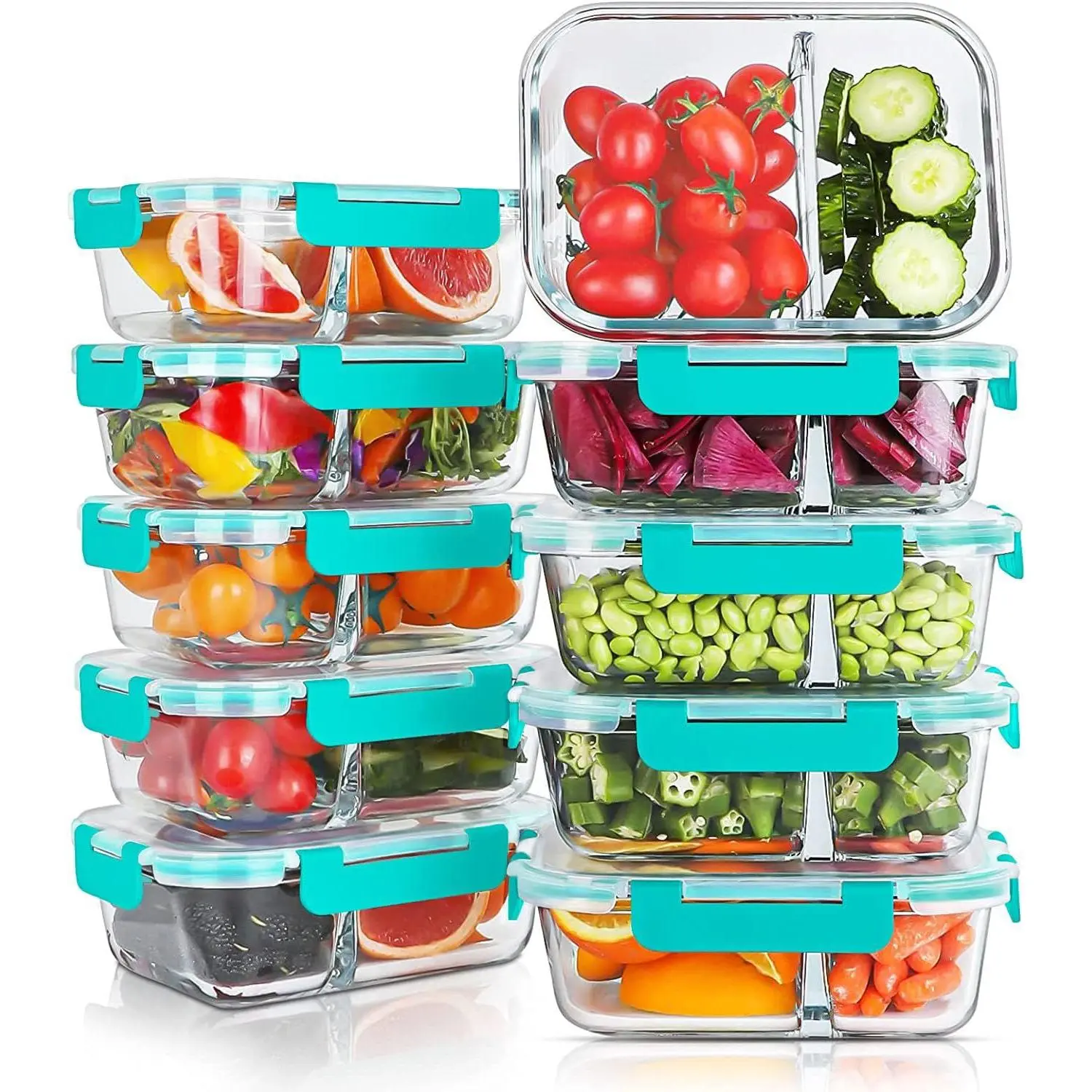 10 Packs 30oz Glass Meal Prep Containers 2 Compartments,Glass Food Storage Containers with Lids,Airtight Glass Lunch Bento Boxes,Oven,Freezer and Dishwasher Safe, Green