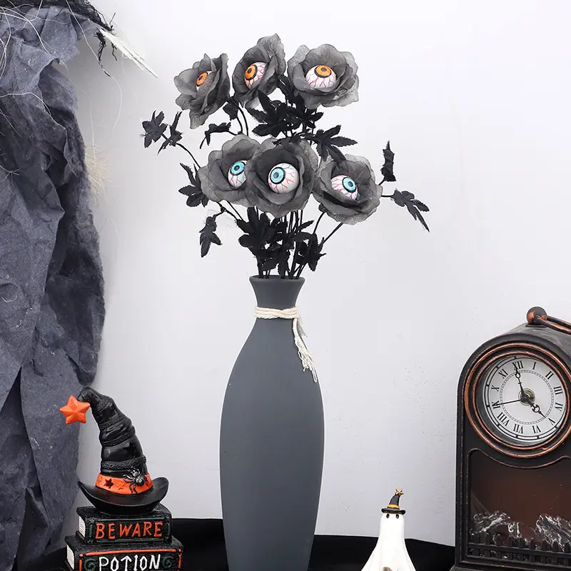 Halloween Eyeball Flower Stem Artificial Rose Floral Pick Gothic Black Branches For Vase Halloween Home Indoor Table Centerpiece Horror Eyes Maple Leaf Rose Bundle Ghost Festival Home Branch Decoration