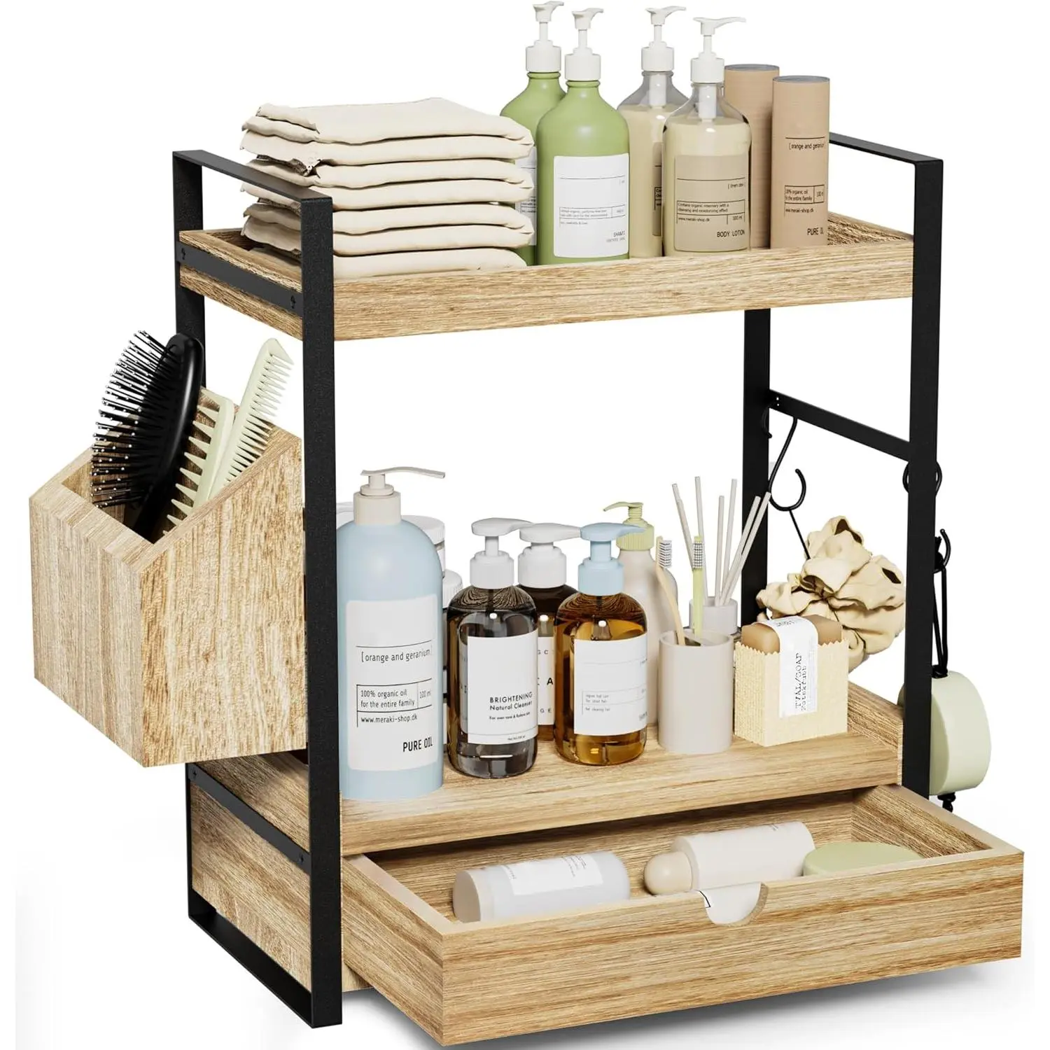 2-Tier Bathroom Counter Organizer with Drawer and Basket, Wood Countertop Organizer for Storage, Skincare Organizers for Vanity, Counter Shelf for Bathroom Organization