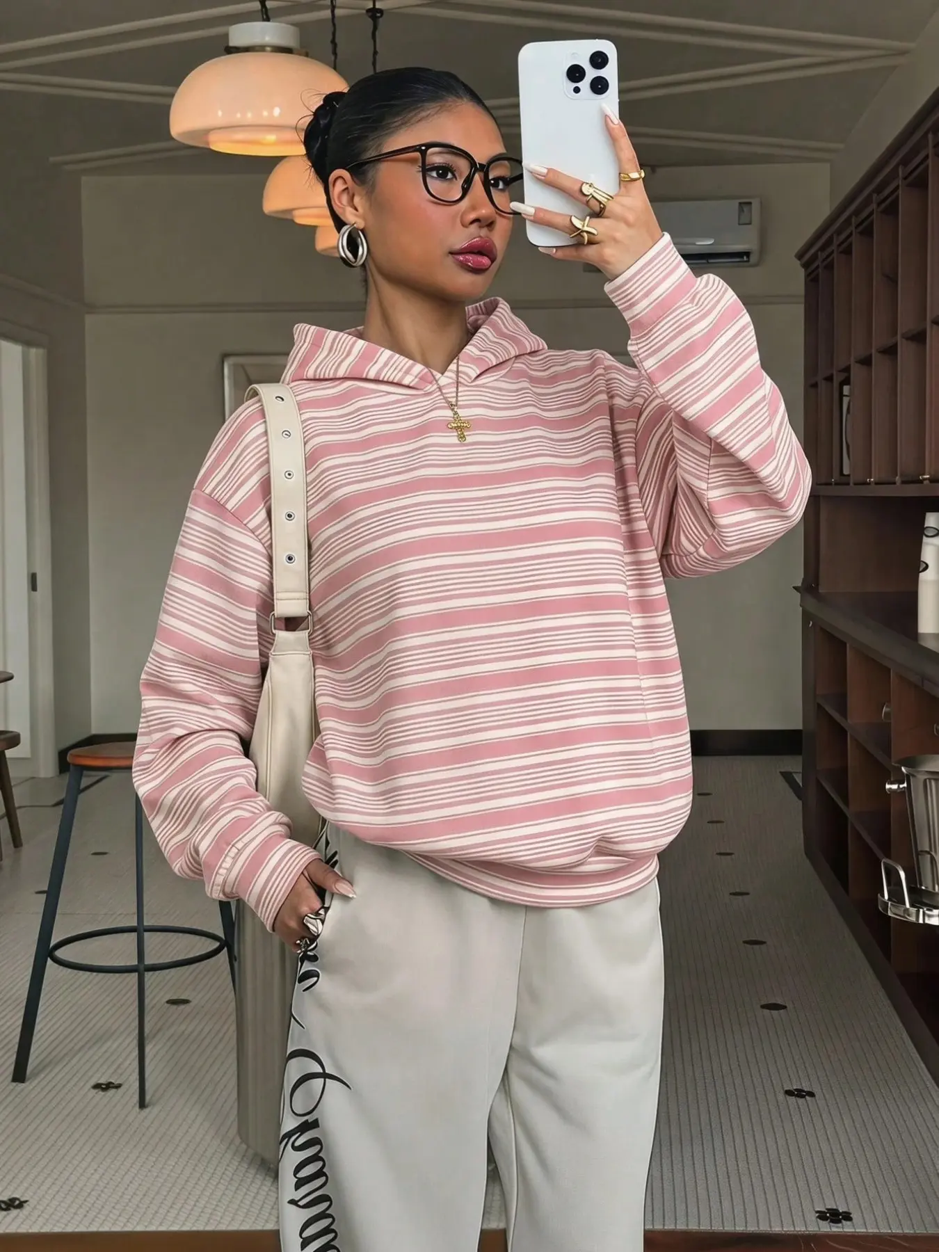 Pink White Striped Hooded Sweatshirt, Soft Stretchy Lightweight Knit Fabric, Drawstring Oversized Loose Fit Pullover Hoodie, Long Sleeve Casual Top With Front Pocket, Trendy Retro Streetwear, Chic Comfy Loungewear For Women