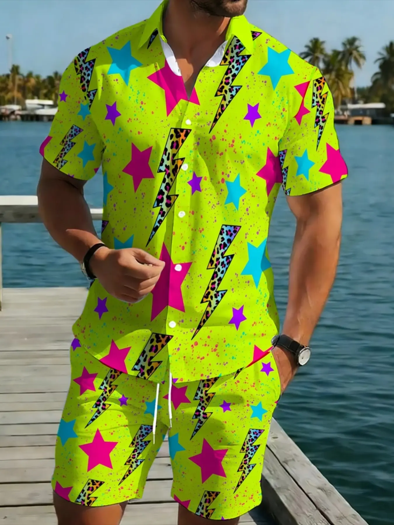 Men's Neon Short Sleeve Shirt and Shorts Set, Star and Lightning Print, Polyester, Lightweight, Casual Wear, Comfortable