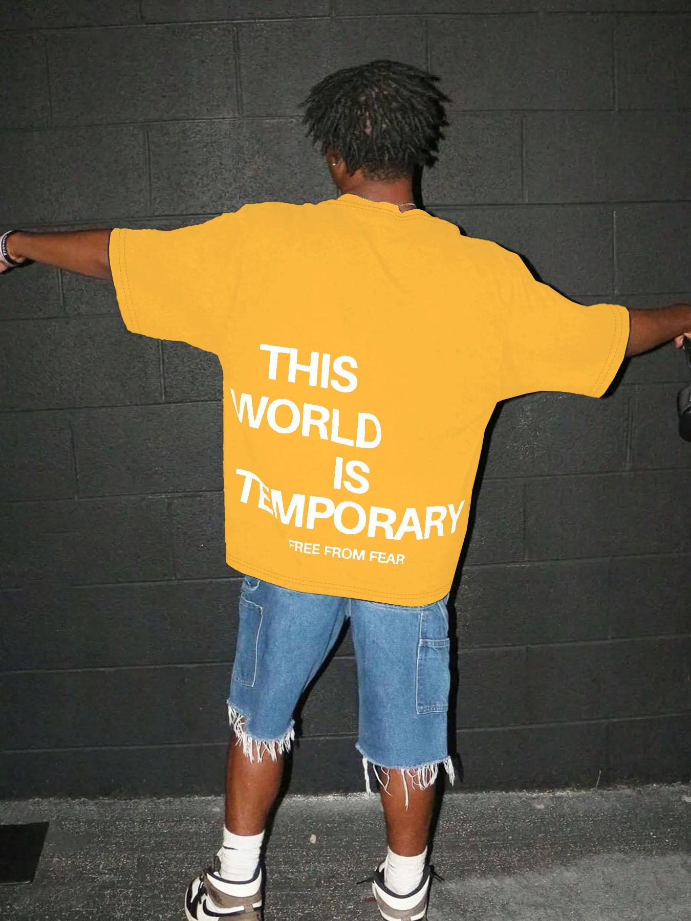 Men's Plain "THIS WORLD IS TEMPORARY" Letter Print Short Sleeve Graphic Tee, Loose Casual Comfy Round Neck T-shirt for Summer, Fashion Men's Top for Daily Wear