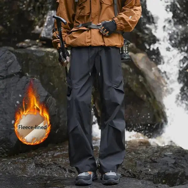 Autumn And Winter Fleece Lined Outdoor Work Pants With Multiple Pockets Hiking Mountaineering Trousers Casual Loose Elastic Beige