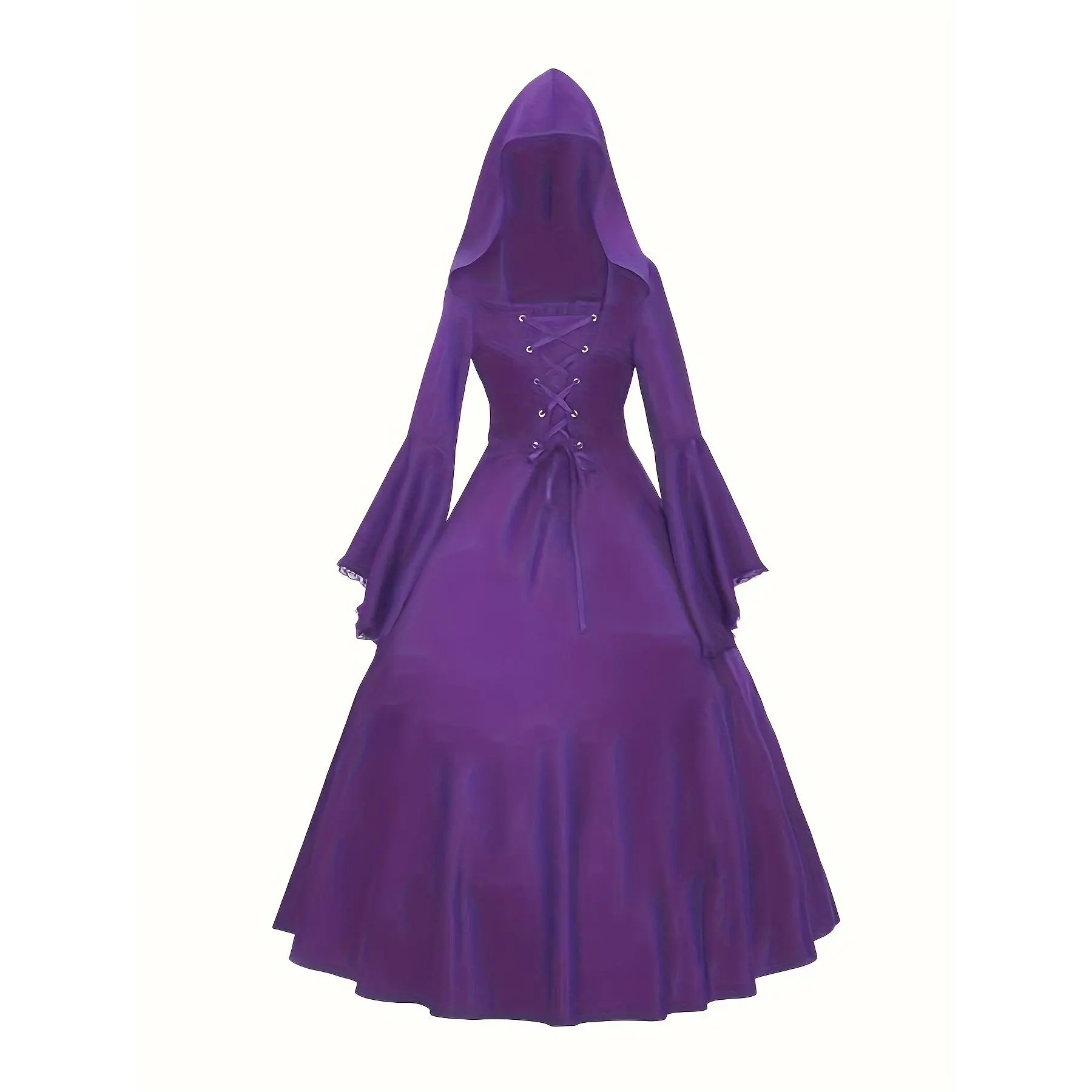 Gothic Inspired Medieval Cosplay Dress Purple Hooded Long Sleeve Lace Up Front Full Skirt Adjustable Fit Elegant Flowing Silhouette For Costume Parties Fantasy Events