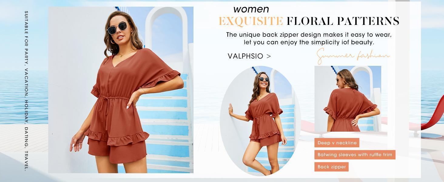 Imily Bela Womens V Neck Beach Romper Ruffle Layered Drawstring Waisted Shorts cute Jumpsuit