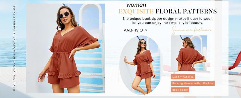 Imily Bela Womens V Neck Beach Romper Ruffle Layered Drawstring Waisted Shorts cute Jumpsuit