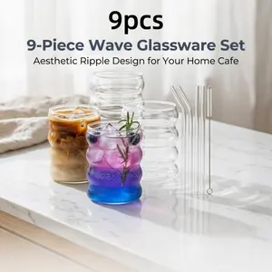 Set of 9 stylish ripple textured glass tumblers, clear iced coffee cups complete with glass straws and cleaning brushes, perfect for lattes, juices and cocktails.