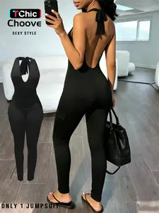 Women's Fashion Halter Jumpsuit with Pockets, Perfect Inner Layer for Fall & Winter, Stylish One-Piece