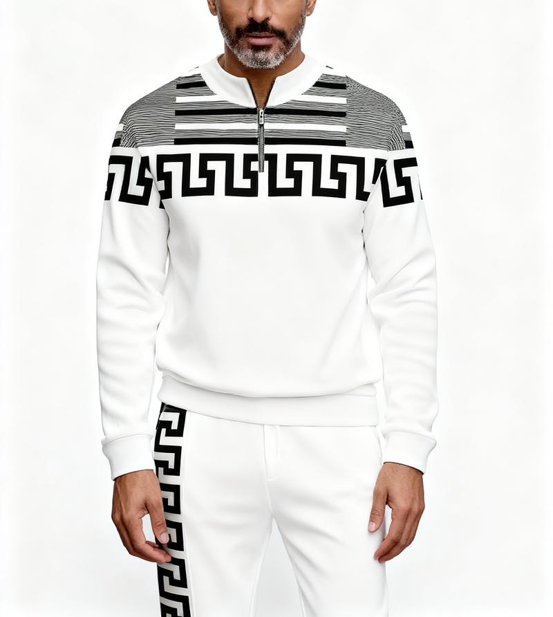 "New European and American men's sportswear set, featuring a half-zipper top paired with matching pants, and a trendy design with a sleeve patch featuring the number 5. The fabric is comfortable, suitable for daily street wear, casual commuting, and effor