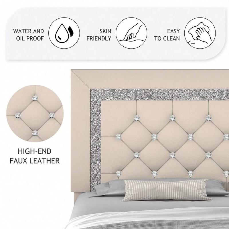 Romantic Luxury Upholstered Bed Frame with Diamond Headboard & Footboard Twin Full Queen Sizes Pearl White Beige Black Grey Pink Purple Green Modern Trendy Sturdy Anti-noise