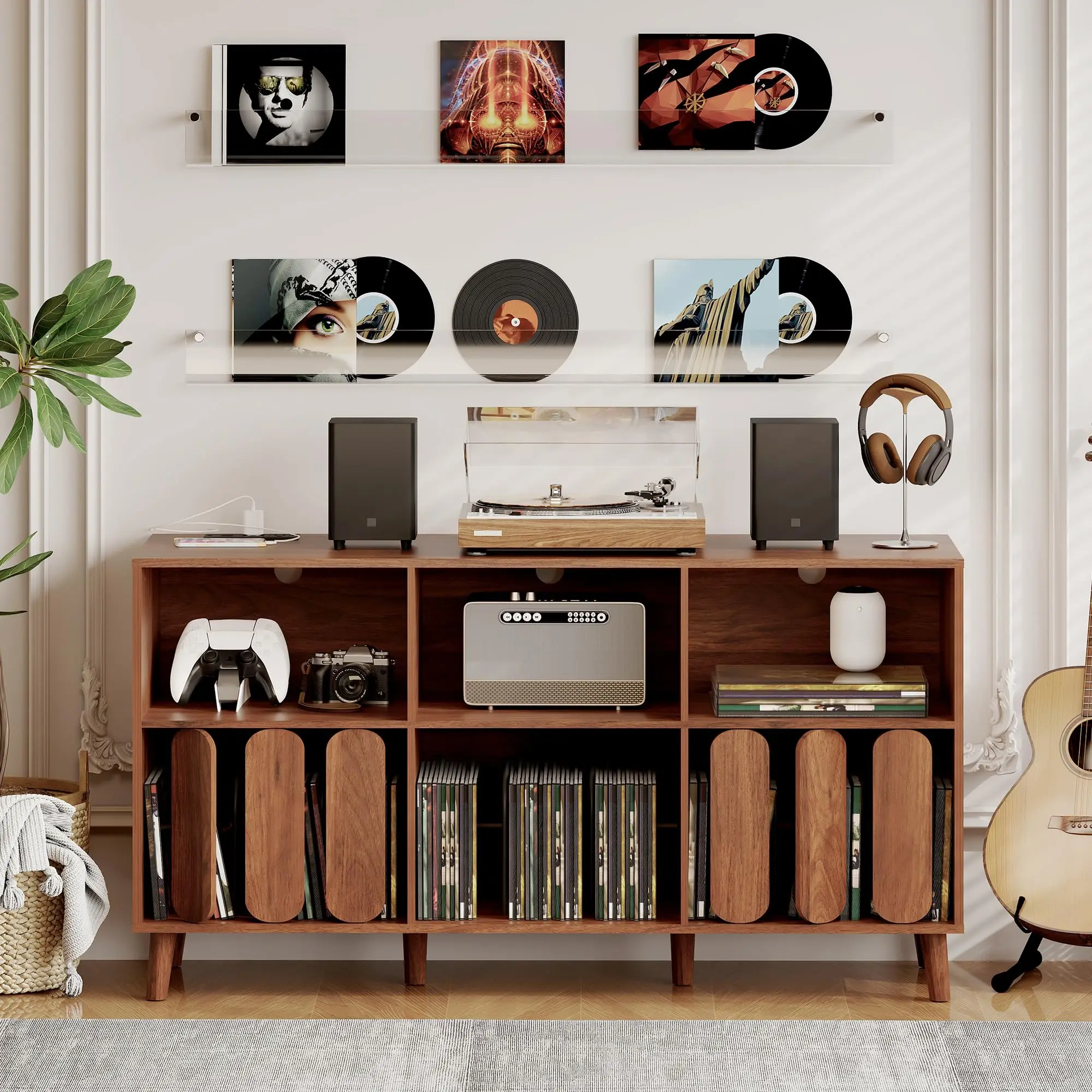 GARVEE Mid-Century Modern Record Player Stand | 55" Wooden Media Console with Charging Station, Holds 400+ Vinyl Records