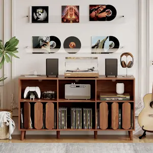 55" Mid-Century Modern Record Player Stand, Wooden Media Console with Charging Station & USB Ports, Large Storage Cabinet Holding 400+ Vinyl Records for Living Room