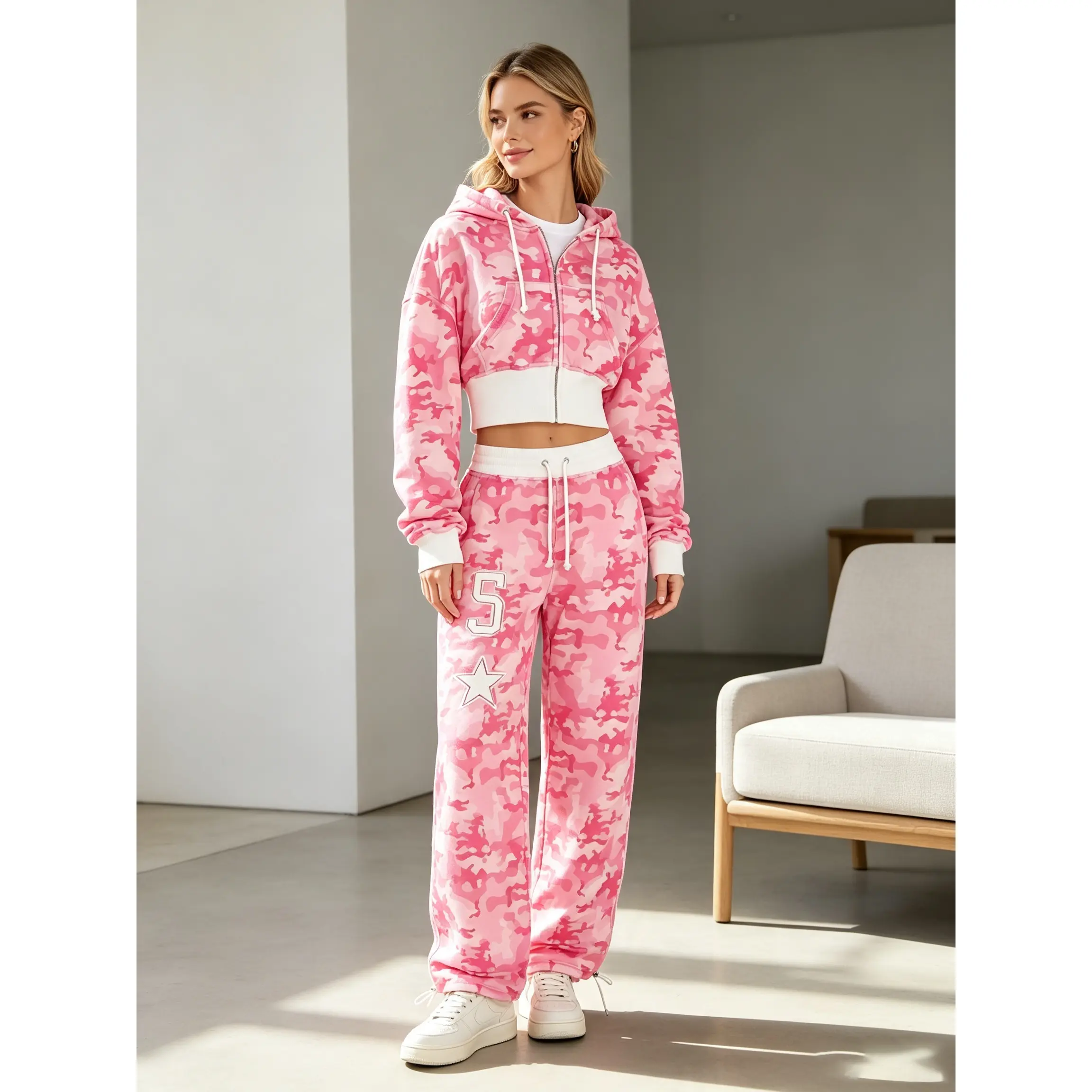 Y2K Cropped Zip-Up Hoodie & Baggy Sweatpants Set for Women| Hip-Hop Streetwear Oversized Loungewear| American Casual Two-Piece Tracksuit