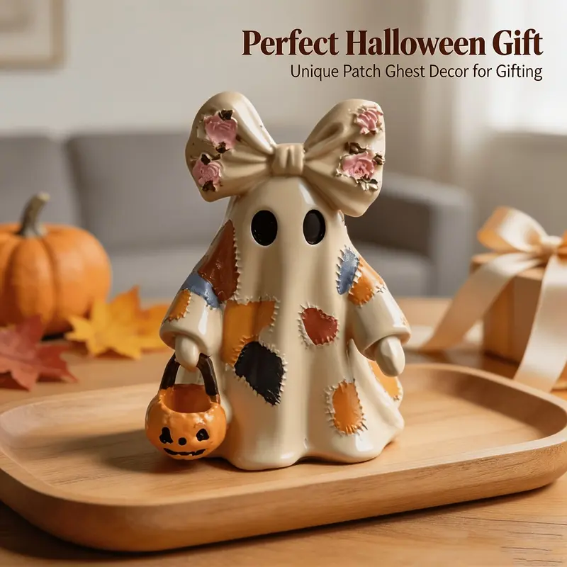 Vintage Cream Patchwork Bow Ghost Resin Figurine, Cute Pumpkin Trick-or-Treat Bucket Ornament, Halloween Decor Gift for Her