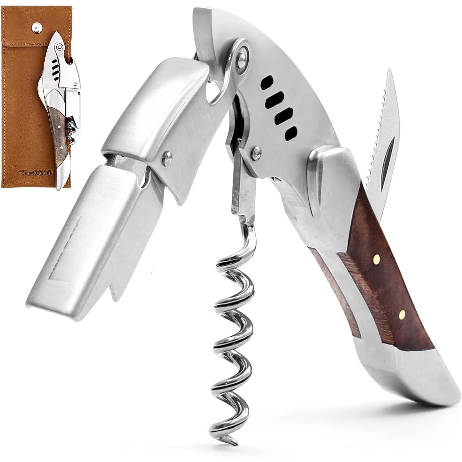 Waiter Corkscrew,  Bottle Opener, Stainless Steel, Wooden Handle,  Shape,  Opener Suitable for Sommeliers, Bartenders and Gifts, Comes with  Cowhide Protective Cover
