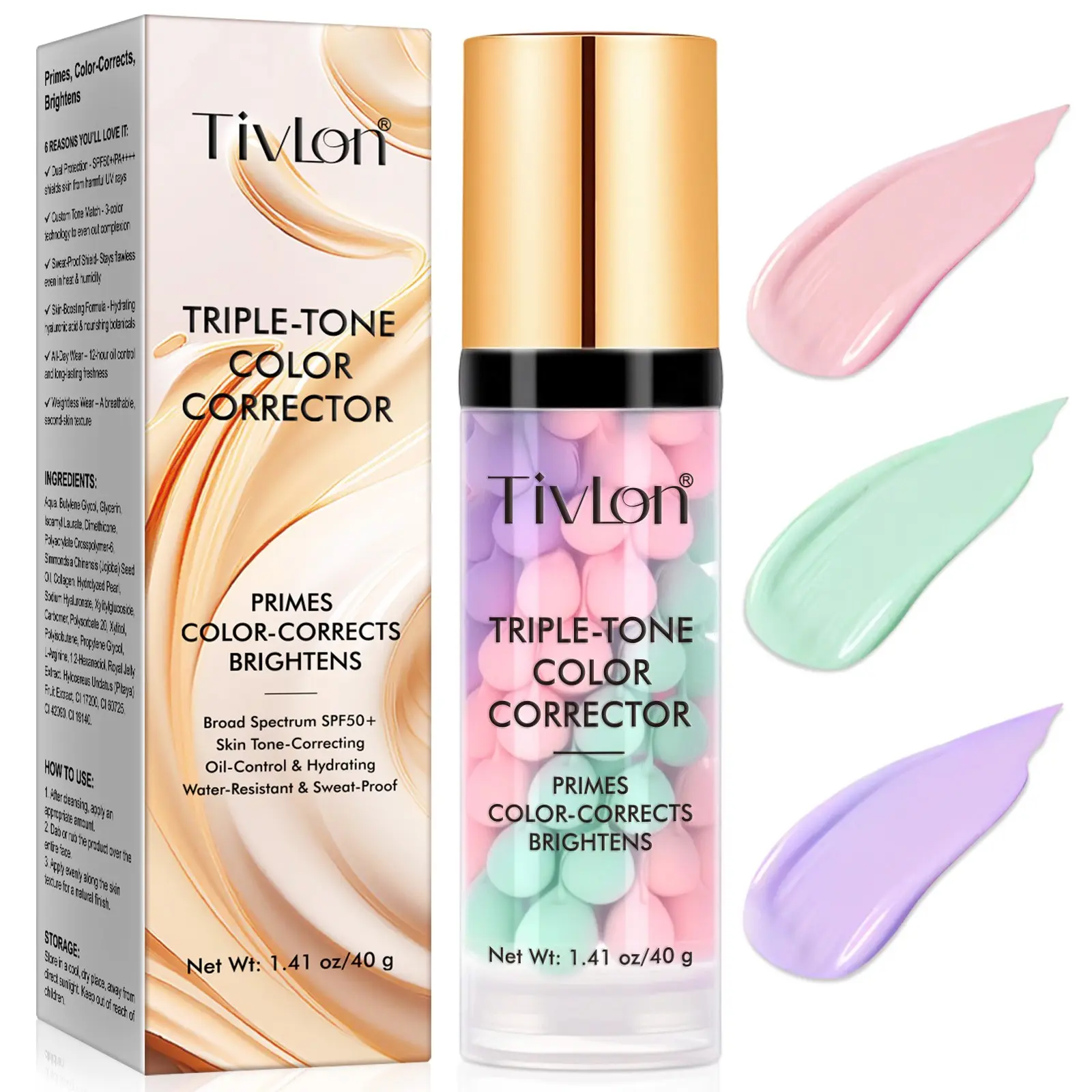 Three-In-One Sunscreen Concealer Primer 40g, SPF 50, Color Corrector, Waterproof, Long-Lasting, Brightening, Moisturizing, Moisture, Oil-Control Face Cream