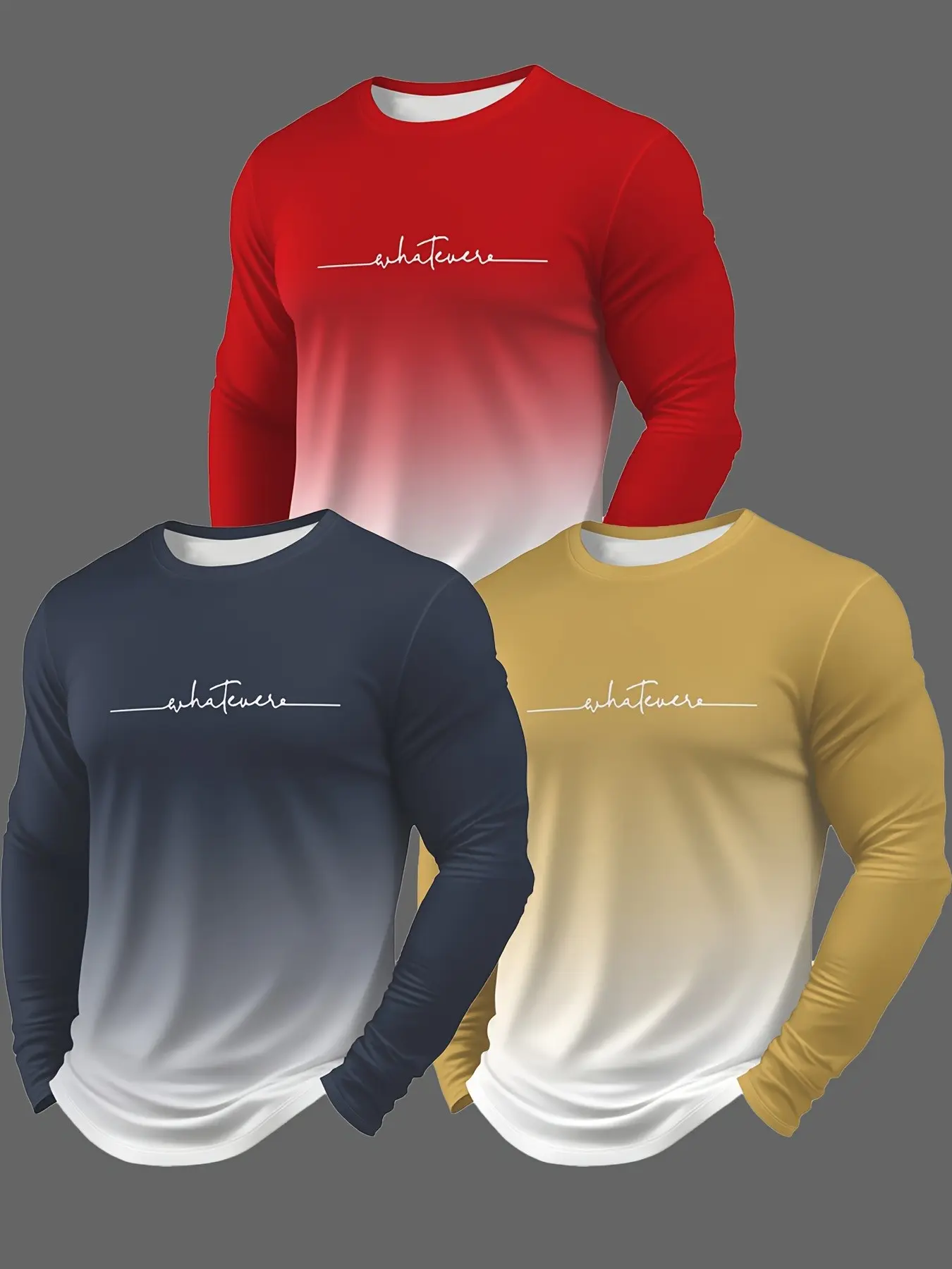 Men's Casual Long Sleeve T-Shirt, Slim-Fitting Random Print Top, 3-Piece Set for Daily Wear, All-Season Fashion Apparel