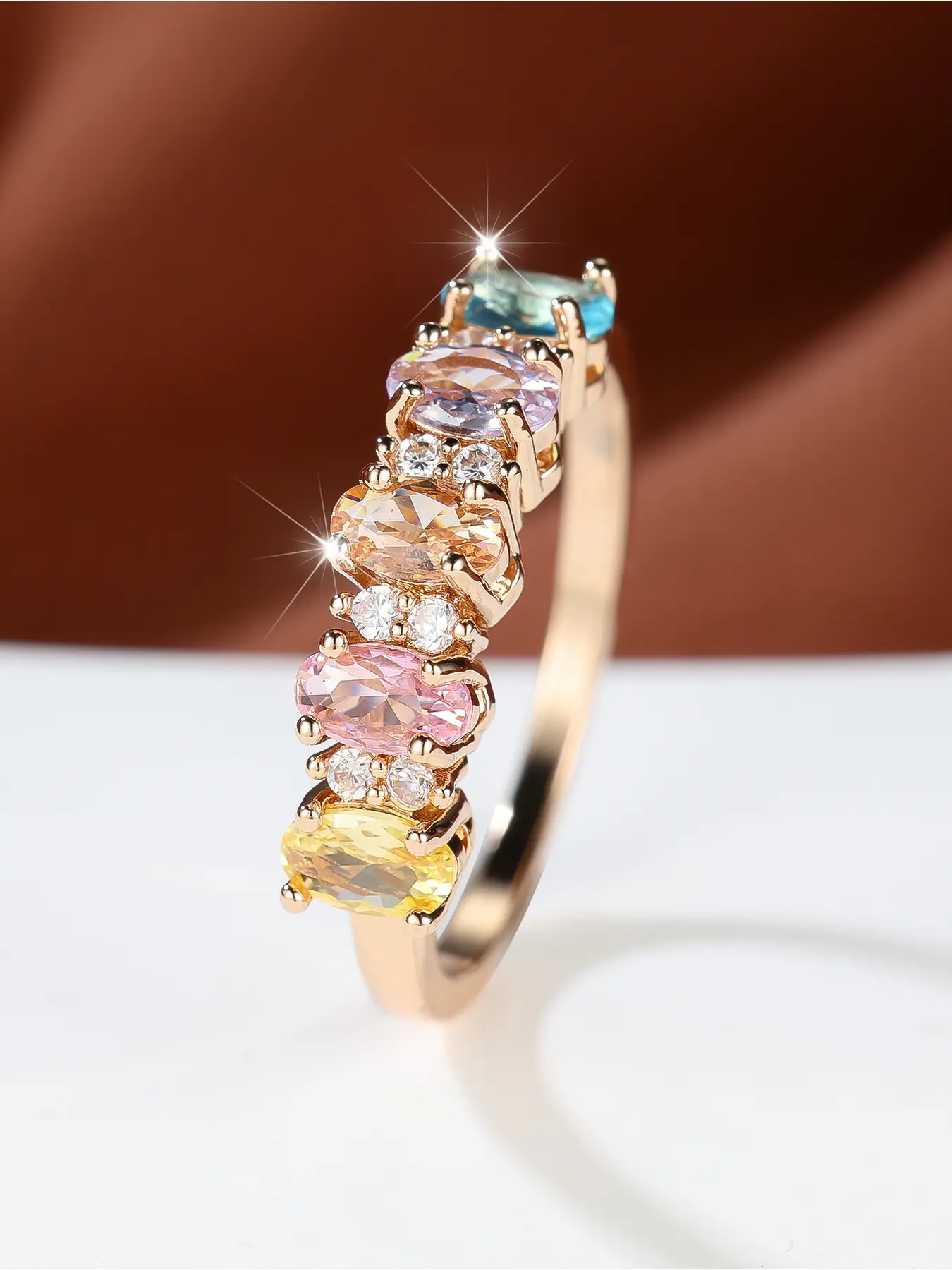 Colorful Rainbow Half Eternity Ring for Women, Rose Gold Tone Multi Color Oval Cubic Zirconia Stackable Band Ring, Daily Party Fashion Jewelry, Artificial Gemstone Ring