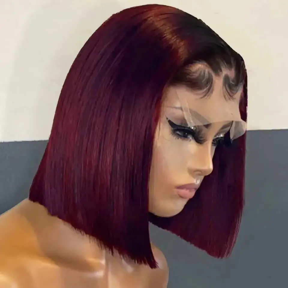 Women's Burgundy 12-Inch Straight Synthetic Lace Front Bob Wig, Pre-Plucked Natural Hairline, Smooth Sleek Short Wig for Daily Clubwear, Bob Style Wig