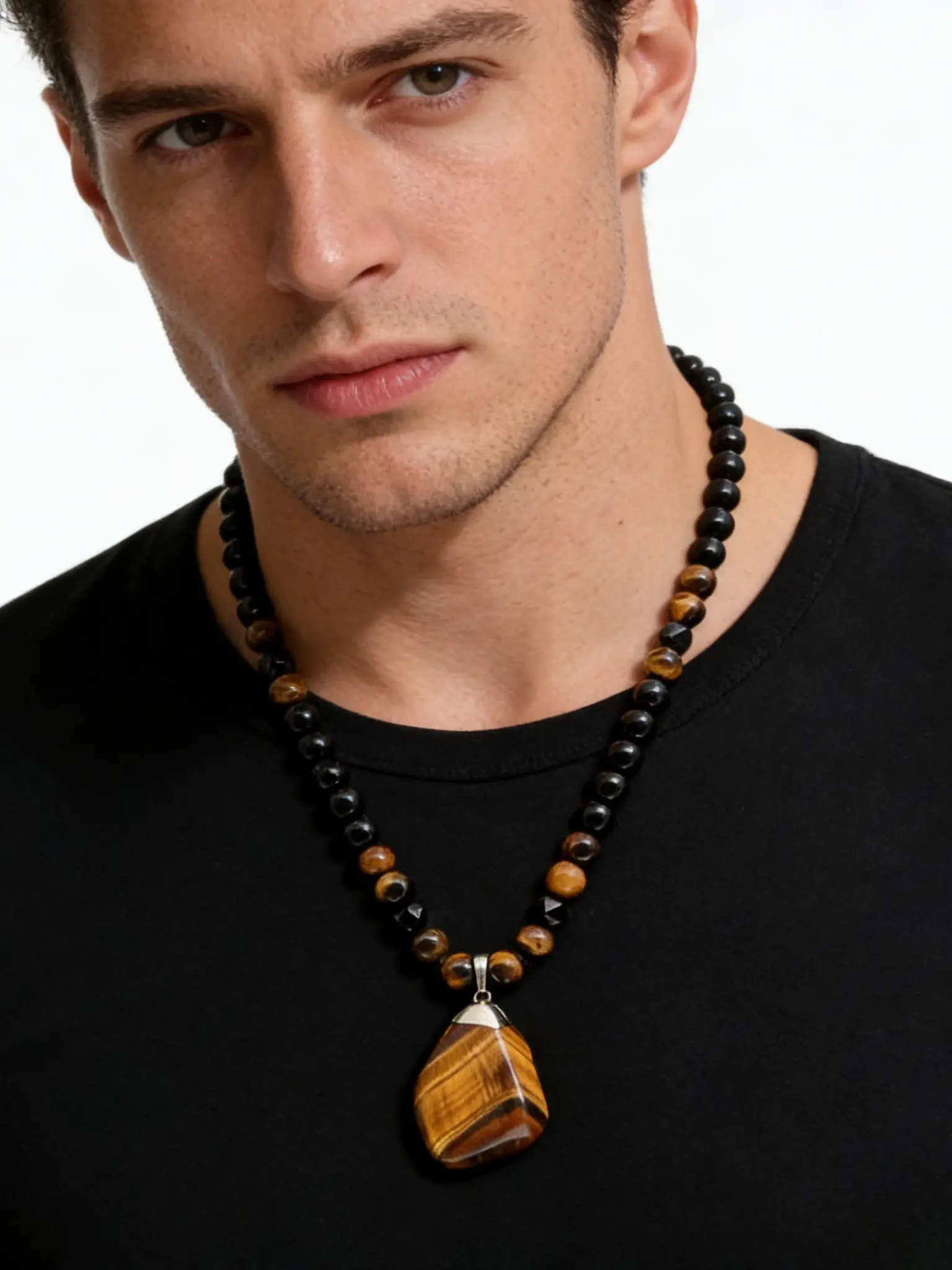Fashion Pendant Necklace, Simple Casual Tiger Eye Bead Chain, Natural Stone Large Tiger Eye Pendant, Wealth Attraction Gift for Him