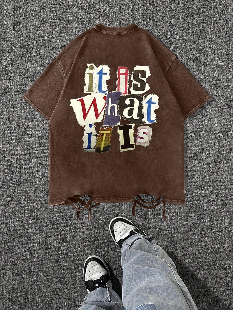 Men's Cartoon Letter Print Short Sleeve Tee, Regular Fit Casual Street Soft Comfy Round Neck T-Shirt for Summer, Menswear for Daily Wear, Top