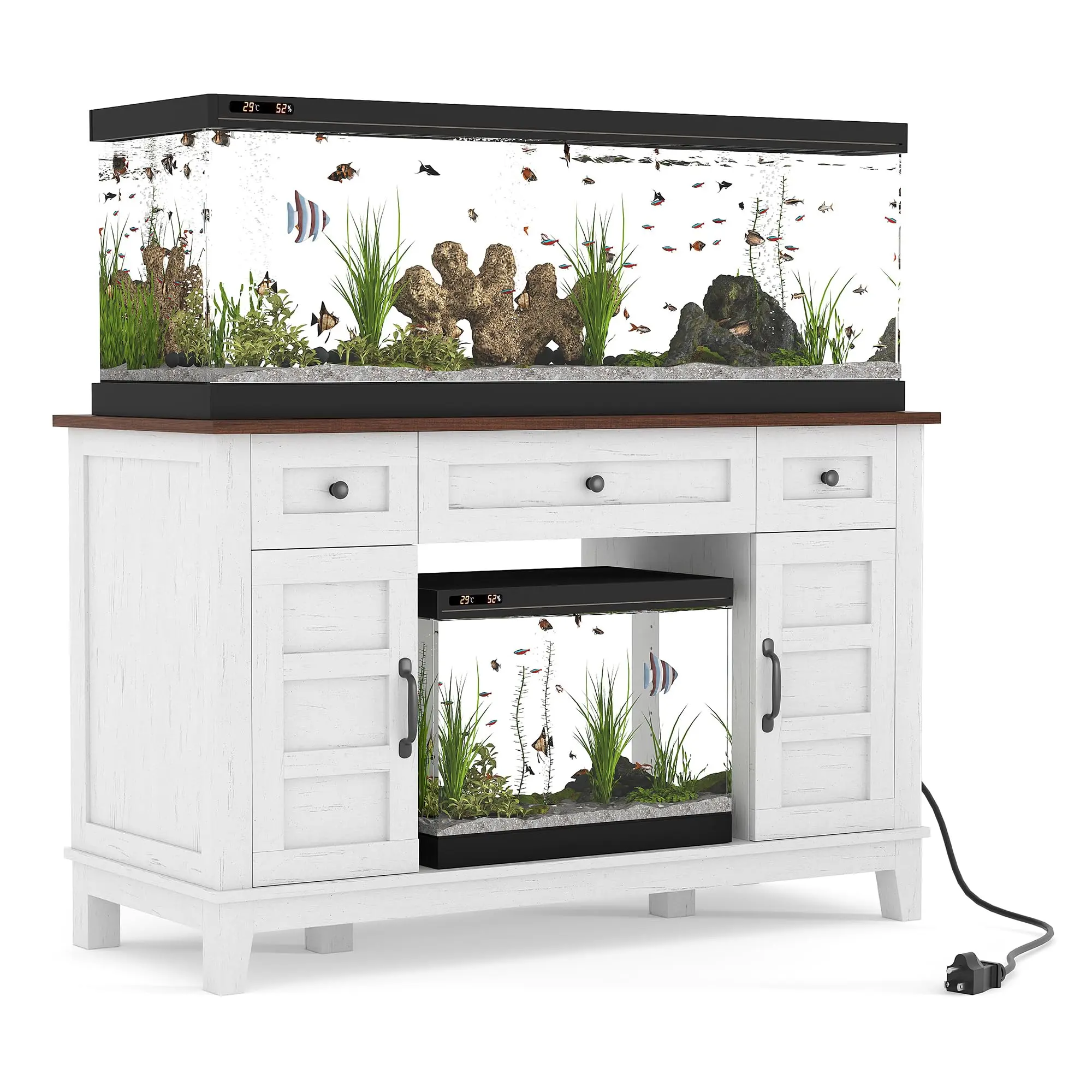 Aquarium Stand for 35-55 Gallon Tanks – 1400 Lb Capacity, Built-in Power Outlet, Adjustable Storage Shelves, Rustic Grey Cabinet for Fish & Terrariums