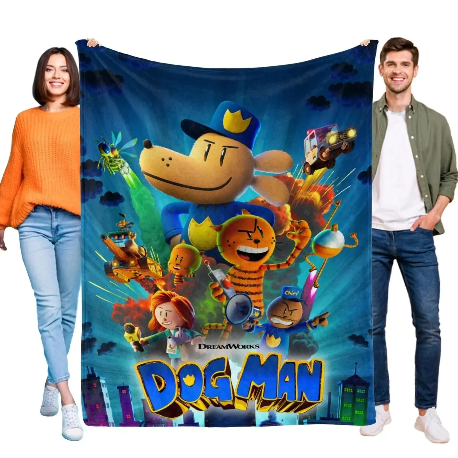 Dog Man Flannel Throw Blanket, Cartoon Dog Character Print Soft Cozy Lightweight Blanket for Sofa Bed Couch, Girls Birthday Gift and Kids Bedroom Decor