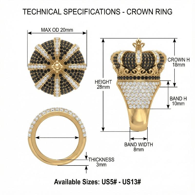 Ice Black and White Quartz Crown Ring |     18k gold plating, luxurious design paired with moissanite, platinum-plated, an ideal gift for stylish men on their birthday or for special occasions