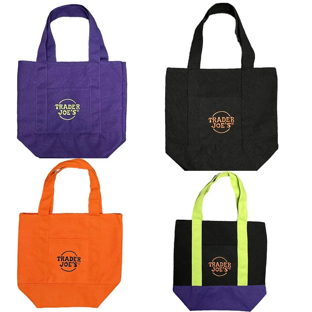 Trader Joe's 2025 Limited Edition Pastel Mini Canvas Tote Bags (Lot of 4), NWT, Embroidered Cotton with Single-Sided Embroidery & Lettering for Camping Hiking Picnics
