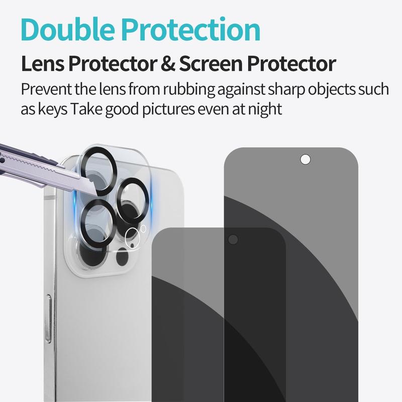 Privacy Screen Protector, 2 Counts Full Coverage Anti-Spy Tempered Glass Protective Film with 2 Counts Camera Lens Protector for iPhone 16 Series, Smartphone Accessories for iPhone 11 12 13 14 15 Pro Max, Screen Protector