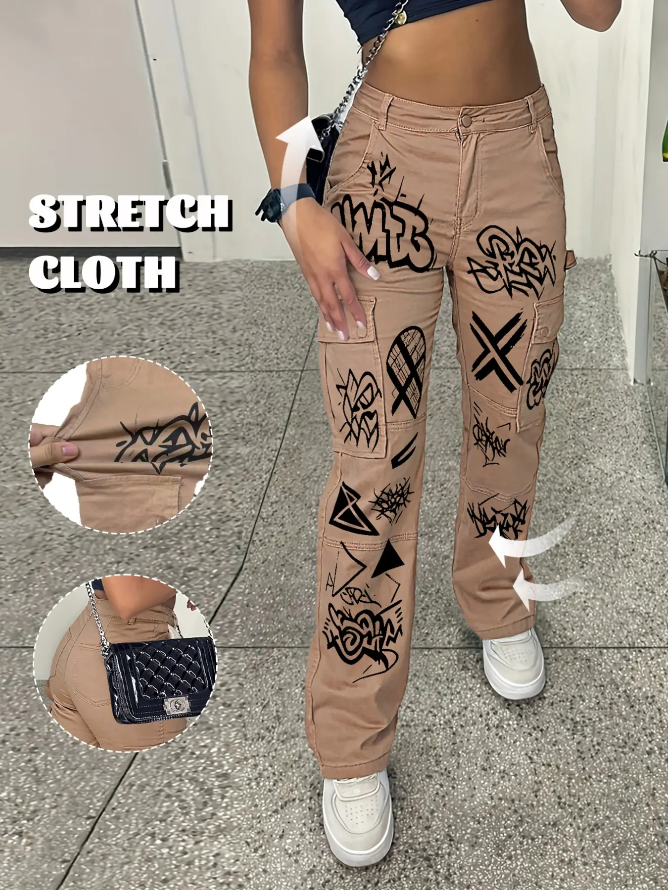 GILIPUR 1 pair of khaki multi-pocket workwear micro-flare long pants, American street graffiti printed stretchy slim-fit vintage floor-sweeping flare pants for trendy women going out on the street TChic
