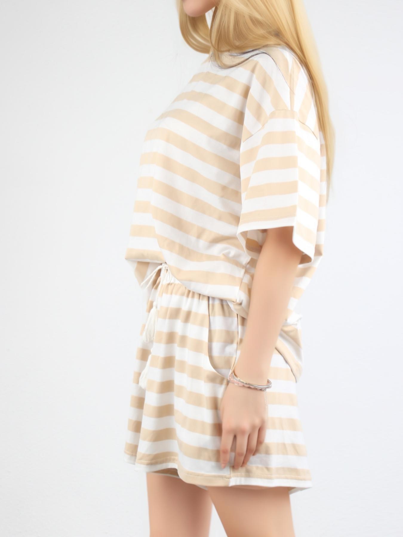 Women's Striped Print Top & Shorts Relaxed Fit Loungewear Two-piece Set, Casual Round Neck Short Sleeve Top & Drawstring Waist Shorts Pj Set, Ladies Summer Sleepwear, Striped Print Bottoms, Pastel Cute Pajamas, Pastel Pj Set