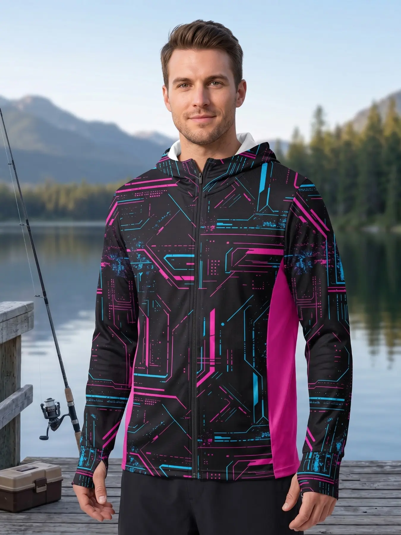 2026 Sun Protection Full Zip Fishing Hoodie, Long Sleeve with Thumbholes, Breathable Mesh Fabric, Neon Blue- Jacket, Multi-Use