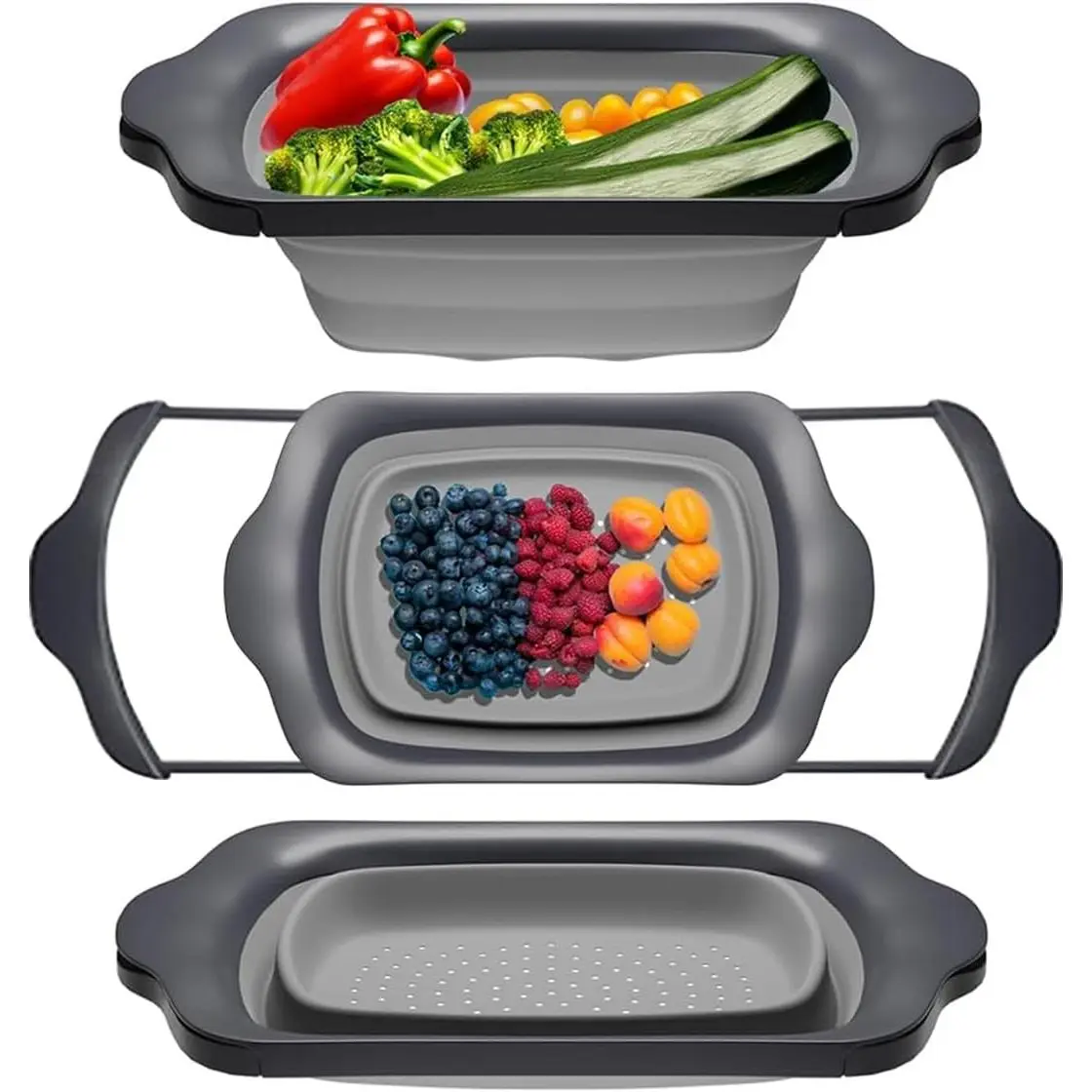 Gray Collapsible  Over-Sink Colander – 6 Qt – Extendable | Gray; ; 17.1"L x 10.1"W; collapses to 1.4"H; 6 Qt; handles extend 25" to span sink; heat resistant 176F
