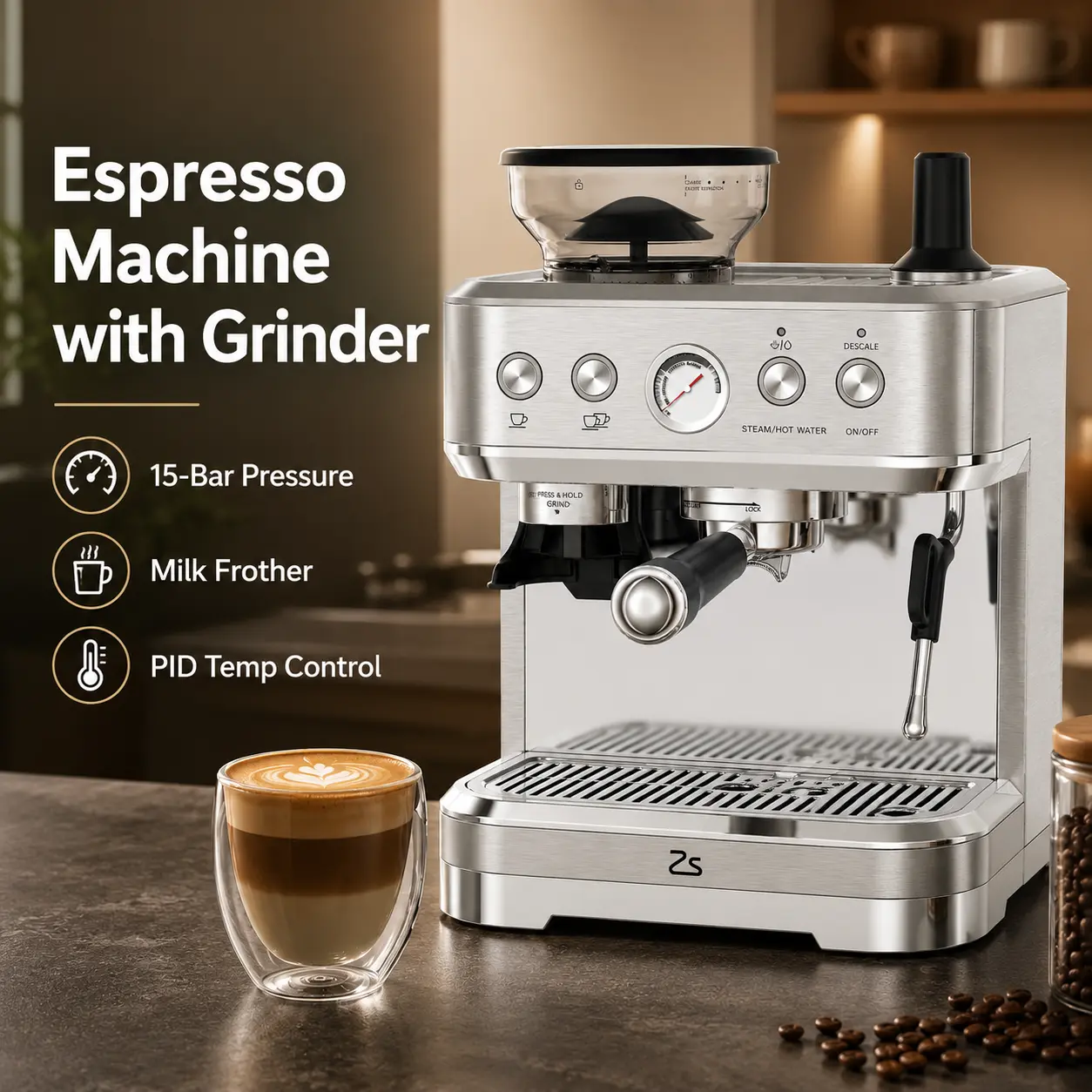 Professional Espresso Machine with Grinder, 15-Bar Coffee Maker with Milk Frother Steam Wand, PID Temperature Control, 2.3L Removable Water Tank, Stainless Steel Cappuccino & Latte Machine