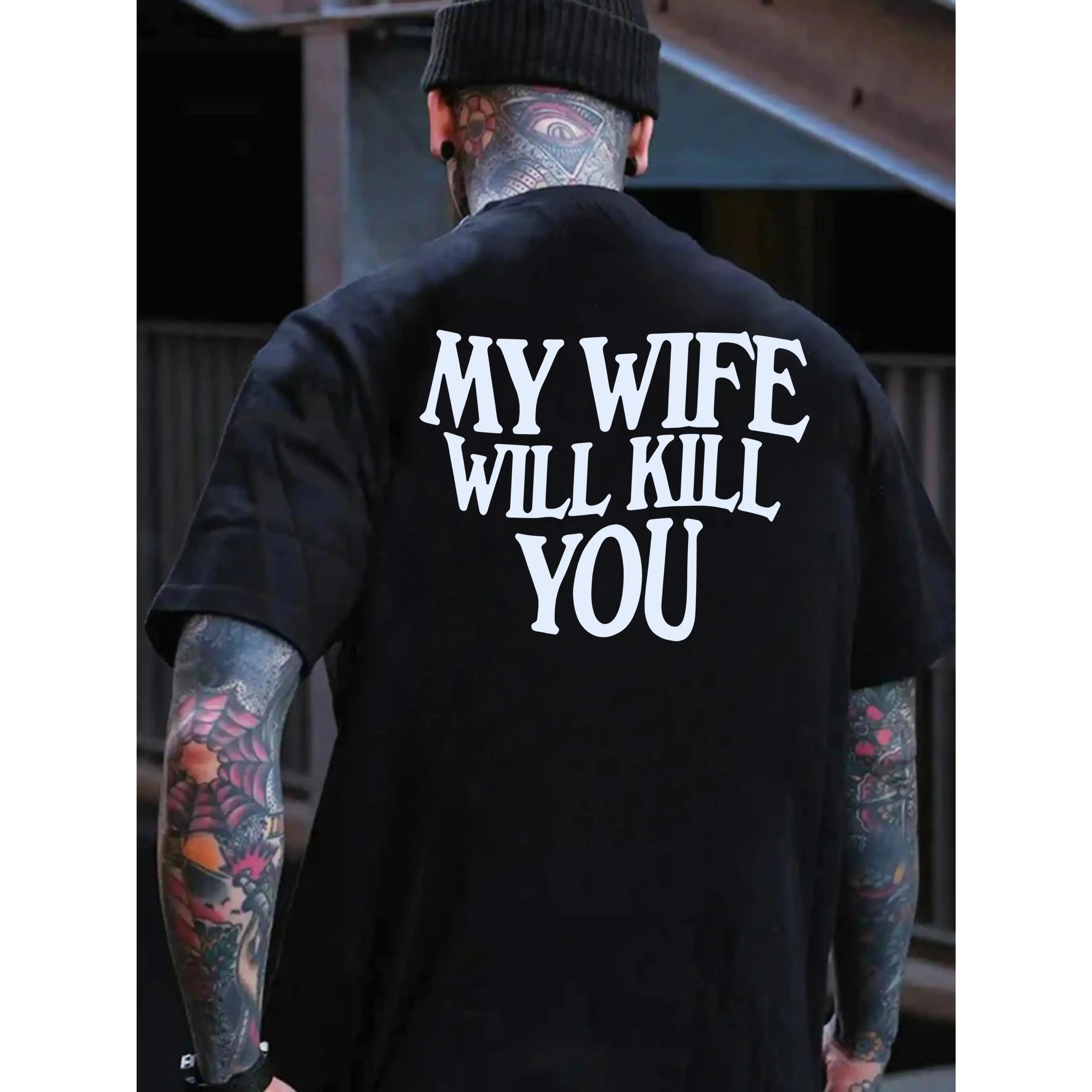 Men's Graphic T-shirt with "My Wife Will Kill You" Slogan, Funny Casual Menswear Streetwear, Shortsleeve Round Neck
