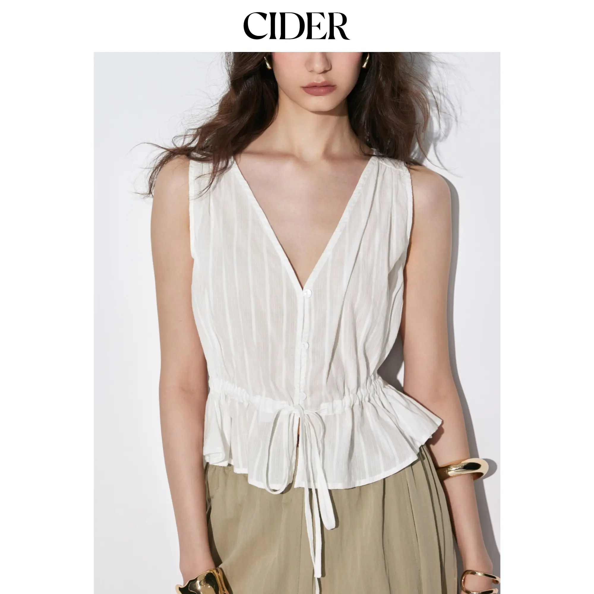 Cider 100% Cotton V-neck Drawstring Peplum Blouse