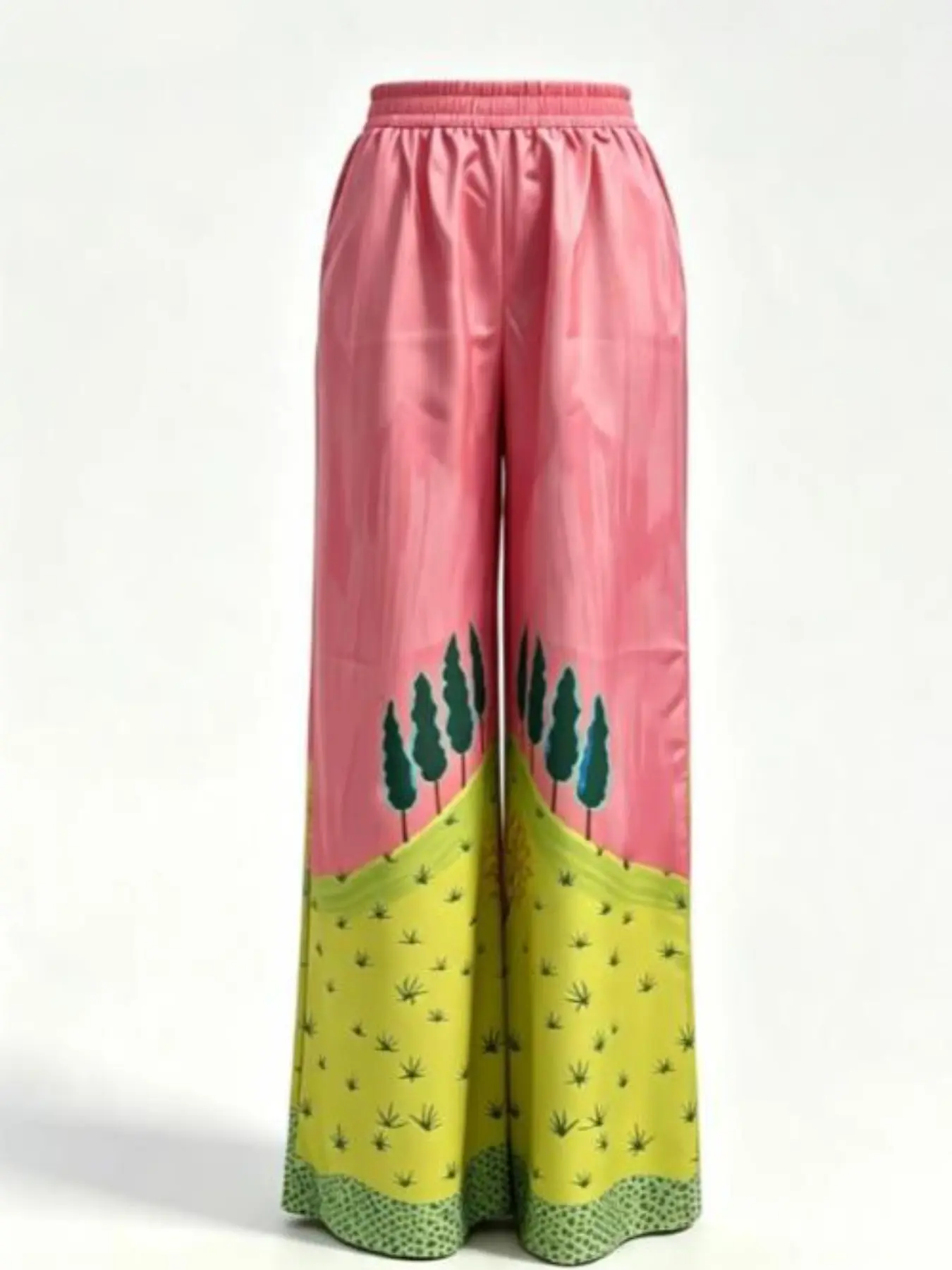 Boho Style Women's Wide Leg Pants, Landscape Forest Print, Vibrant Patchwork Flowy Long Pants, Casual Elastic Waist Vacation Wear