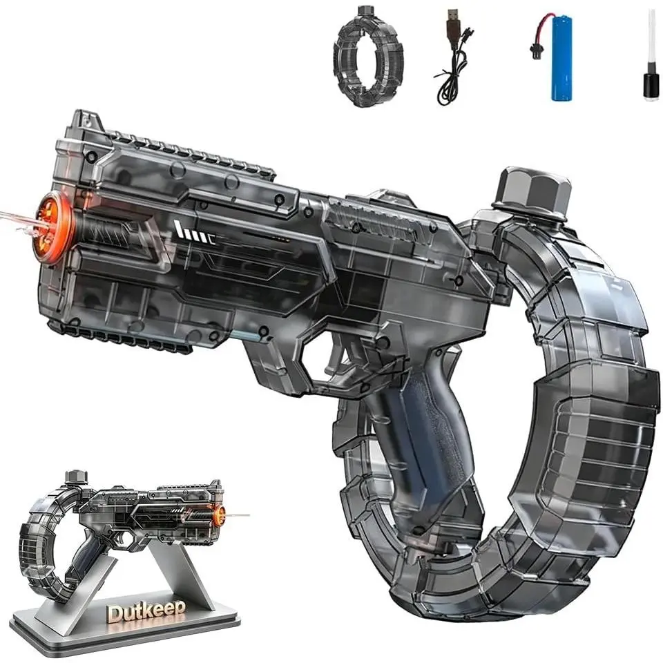 Automatic Transparent Electric Water Gun with Large-Capacity Drum-Shaped Magazine, Rechargeable, LED Lights - Futuristic Summer Water Play Toy for 6-8 Years Kids