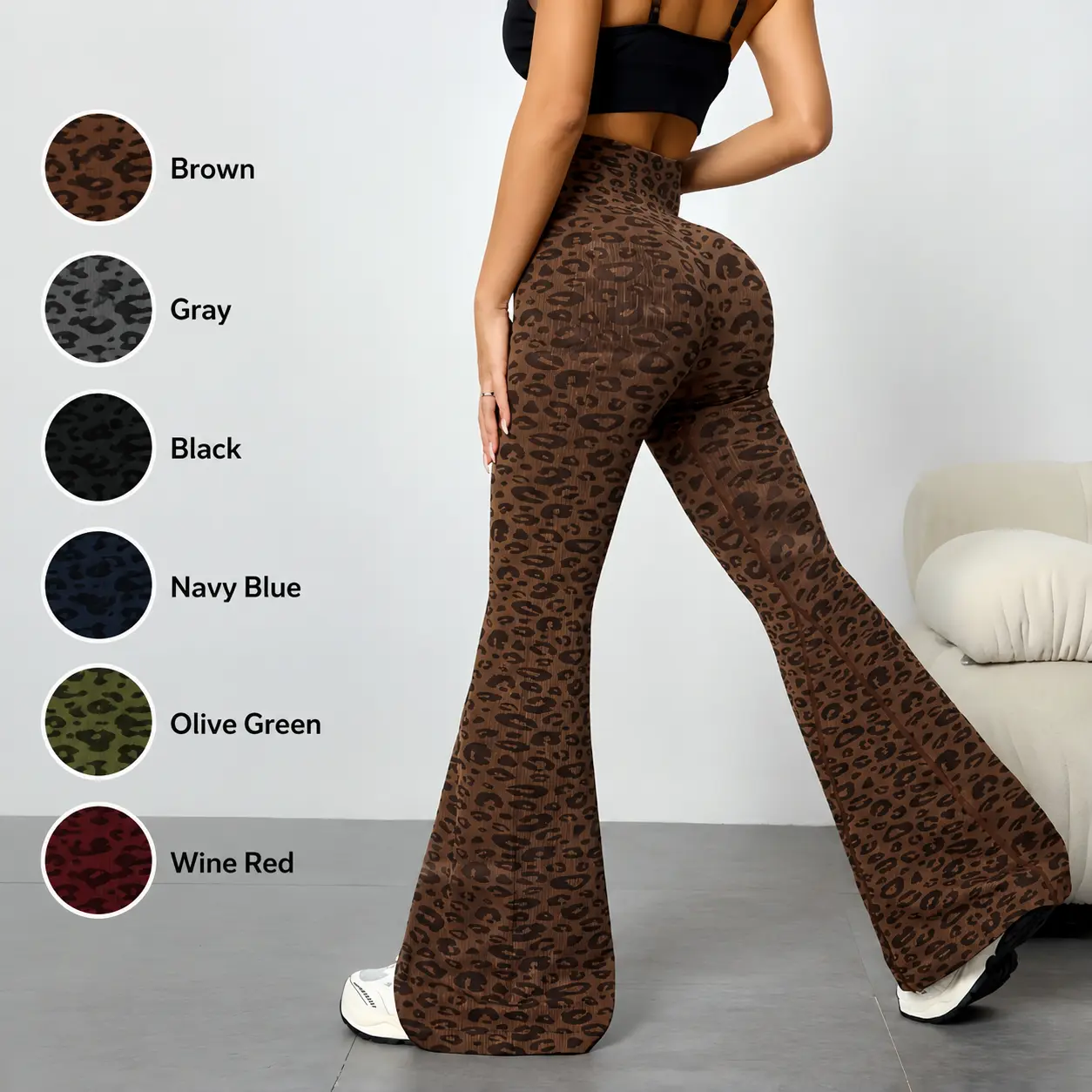 Women Brown Leopard Ribbed High Waist Flare Leggings, Soft Stretch Knit Bootcut Yoga Pants, Butt Lifting Slim Fit Bell Bottom Workout Casual Trousers