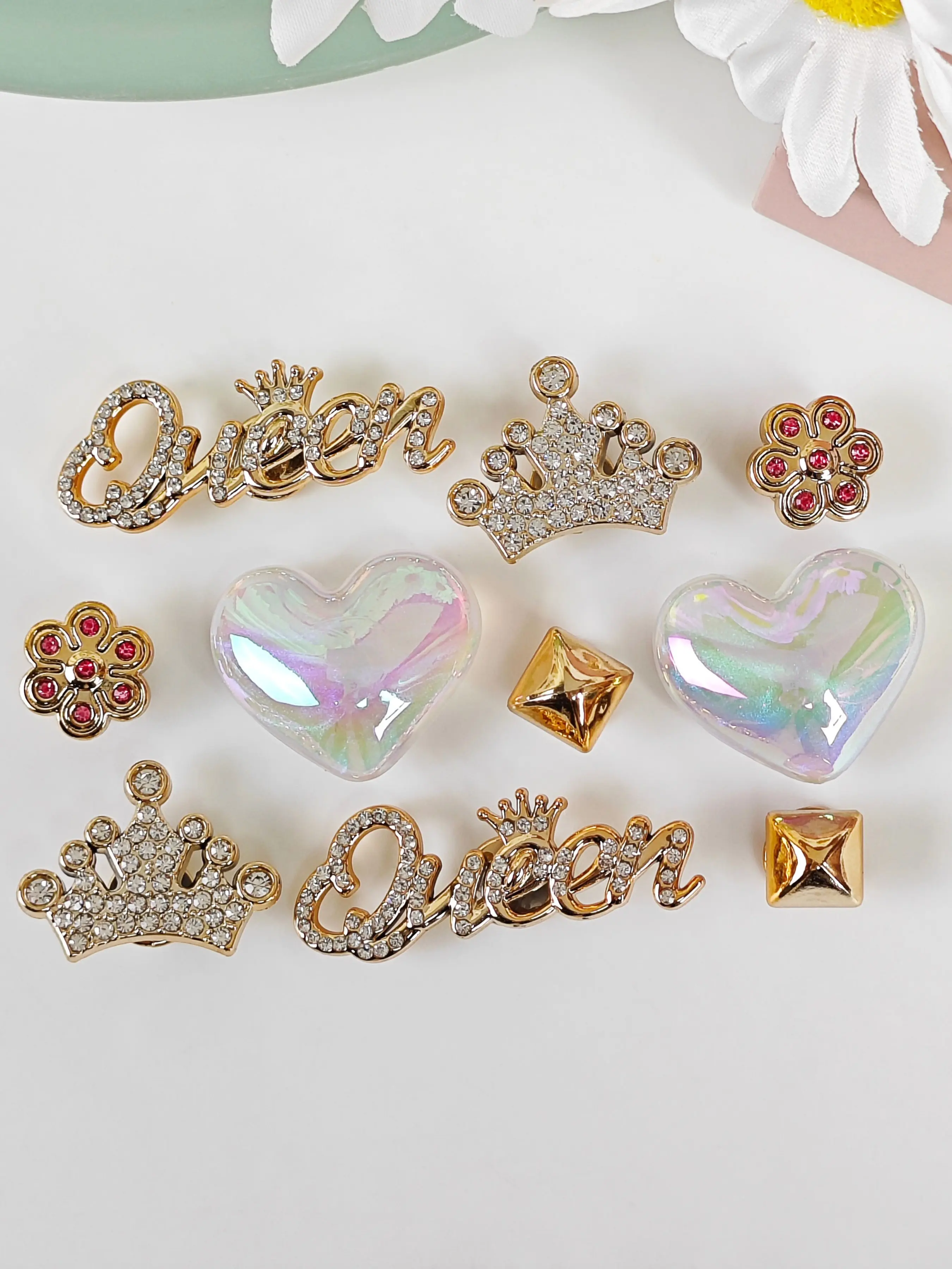 10pcs DIY Shoe Decorations, Shiny Letters, Crown, Flowers, Heart Charms, Lightweight Non-Metal, Y2K Style, for Eva Sandals, Holiday Gift