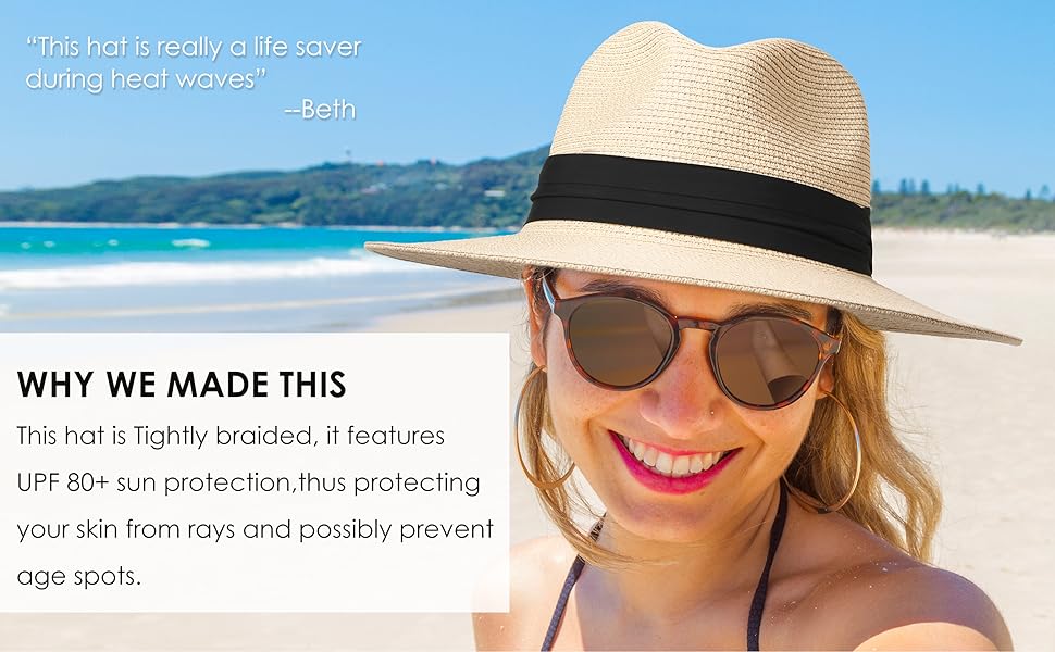 FURTALK UPF 50+ Straw Fedora Panama Hat, Wide Brim Summer Sun Hat for Beach Travel Vacation