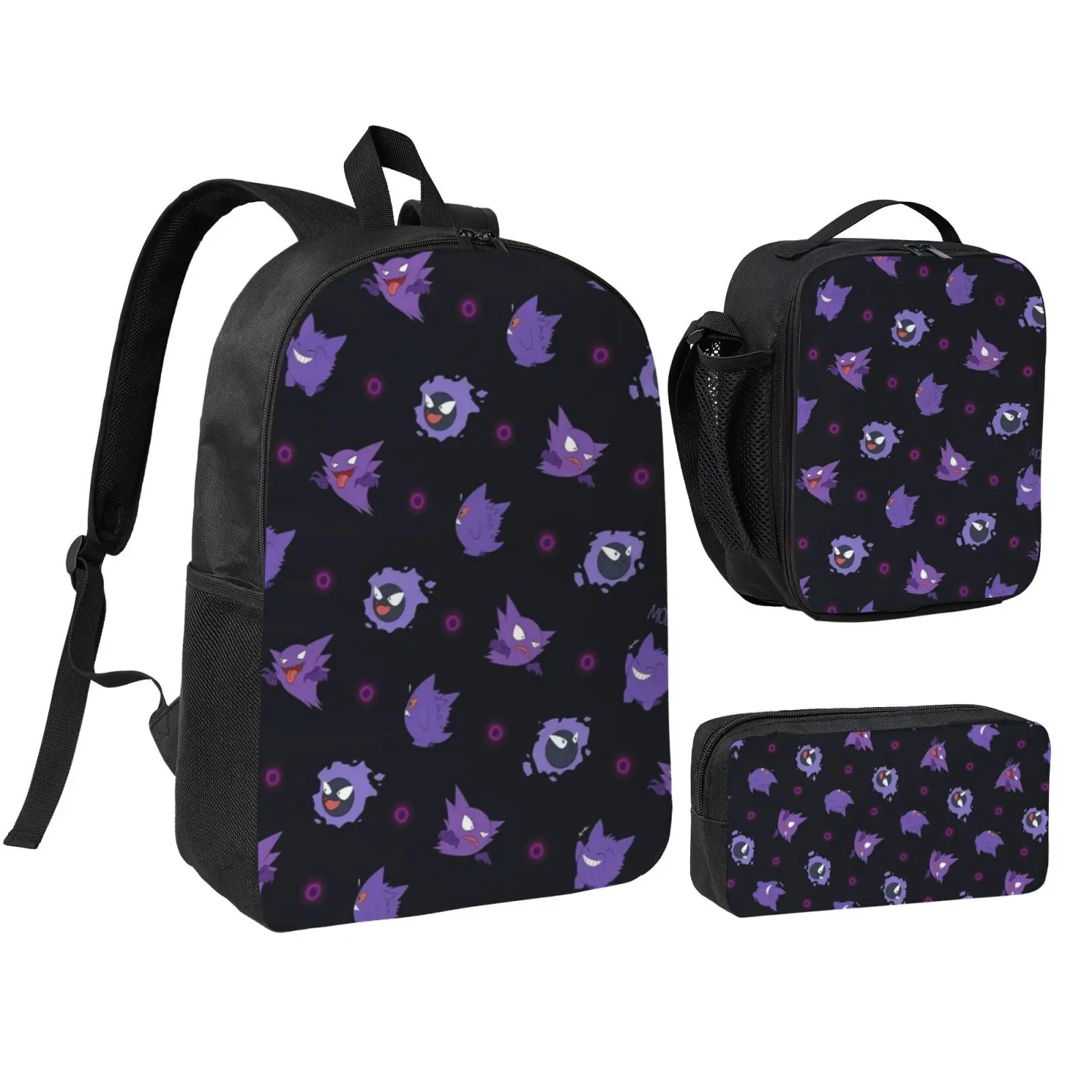 Anime Gengar3 3Pcs School Backpack Set for Teens Boys Girls, Adjustable Strap Kids Bookbag with Insulated Lunch Bag & Pencil Case, Lightweight Travel Office Daypack