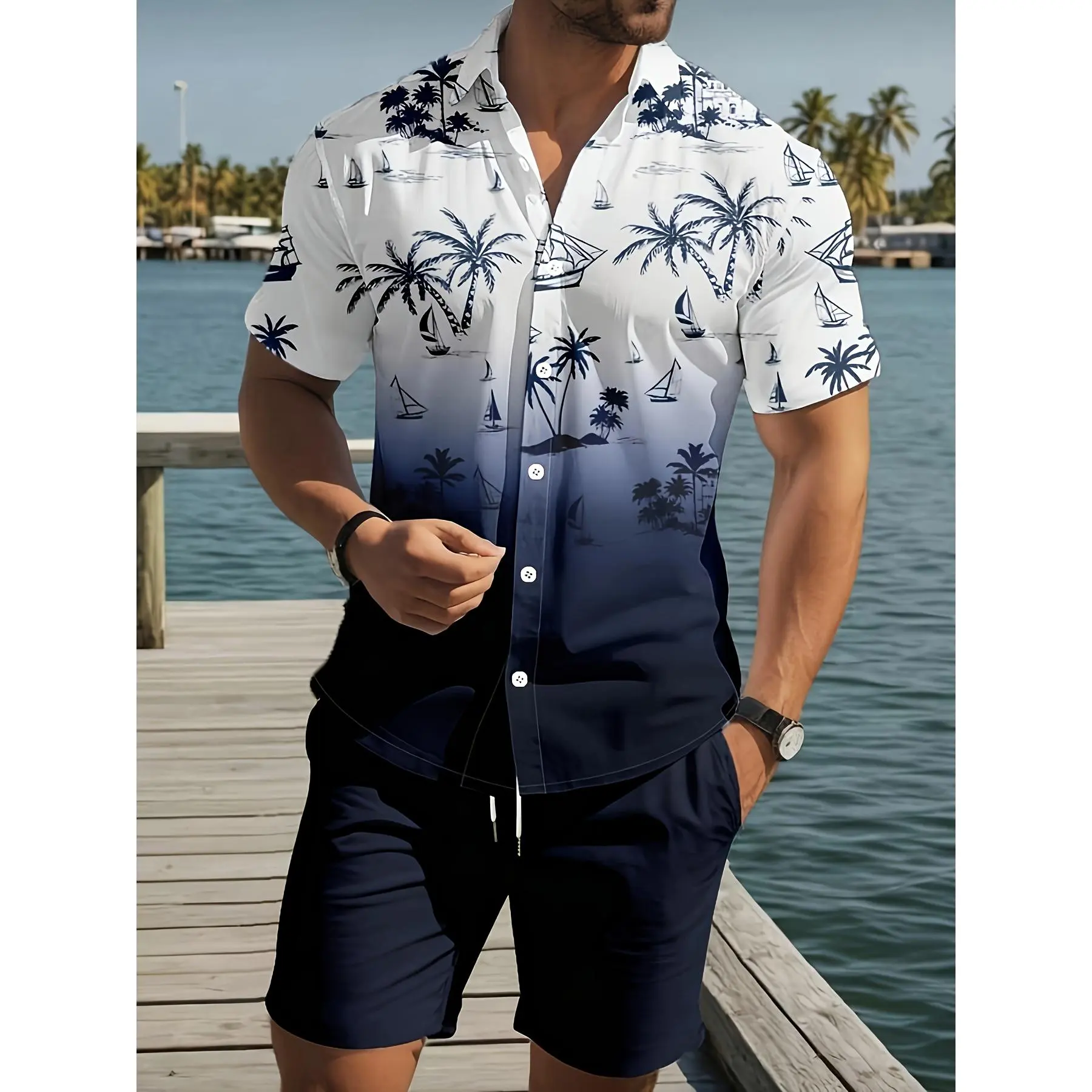 Men'S 3D Fashion Summer Palm Tree Print Lapel Collar Shirt and Shorts Set |   Comfortable Short-Sleeve with Drawstring Pocket Shorts, Casual Loose Fit Round Neck T-Shirt, Essential for Spring and Summer