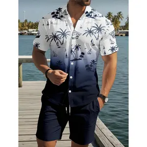 Men'S 3D Fashion Summer Palm Tree Print Lapel Collar Shirt and Shorts Set |   Comfortable Short-Sleeve with Drawstring Pocket Shorts, Casual Loose Fit Round Neck T-Shirt, Essential for Spring and Summer