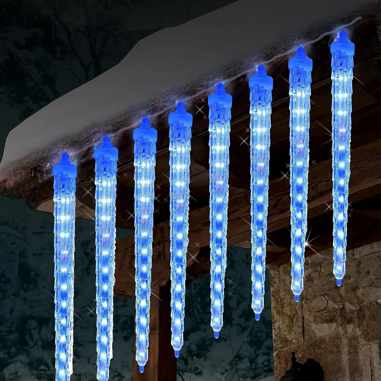 Meteor Shower Lights, 12" Outdoor Icicle Christmas Lights 8 Icicles 192 SMD LED  Ice Falling Light, Connectable Raindrop Iciclelight, Xmas Winter Party Tree Holiday Decor, Blue