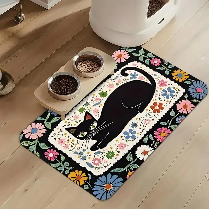 Bohemian Vintage Floral Cat Design Rubber Pet Feeding Mat, Absorbent anti-slip and quick-drying soft carpet, multi-sized and easy-to-clean waterproof bowl mat, suitable for dogs, cats and kittens, stain-resistant, perfect for home use, ideal gift for pets