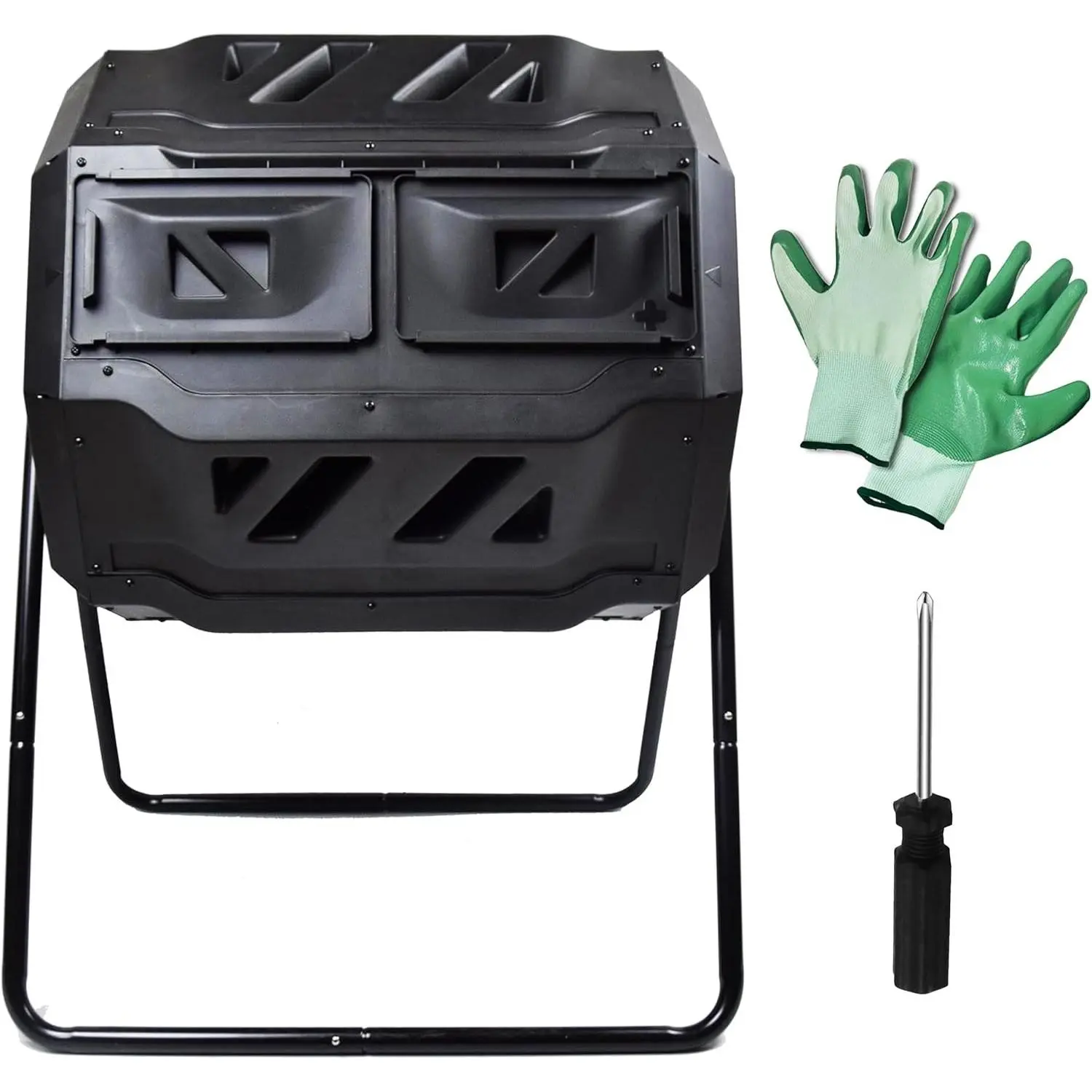 Dual Chamber Compost Tumbler, 42 Gallon Capacity with Two 21 Gallon Chambers, Rotating Outdoor Garden Composter with Aeration Vents, Polypropylene Drum and Steel Frame (80699)